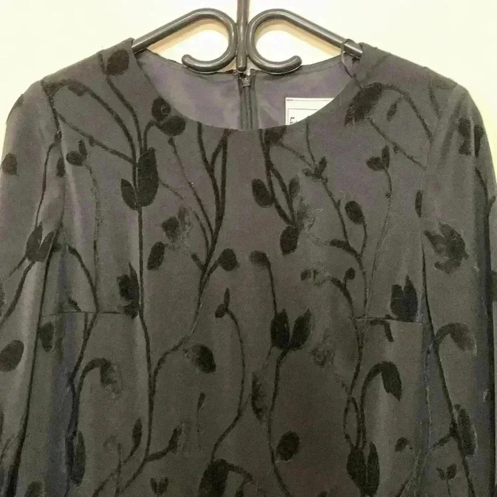 Frank Usher, black on black leaf pattern long sleeved midi cocktail dress